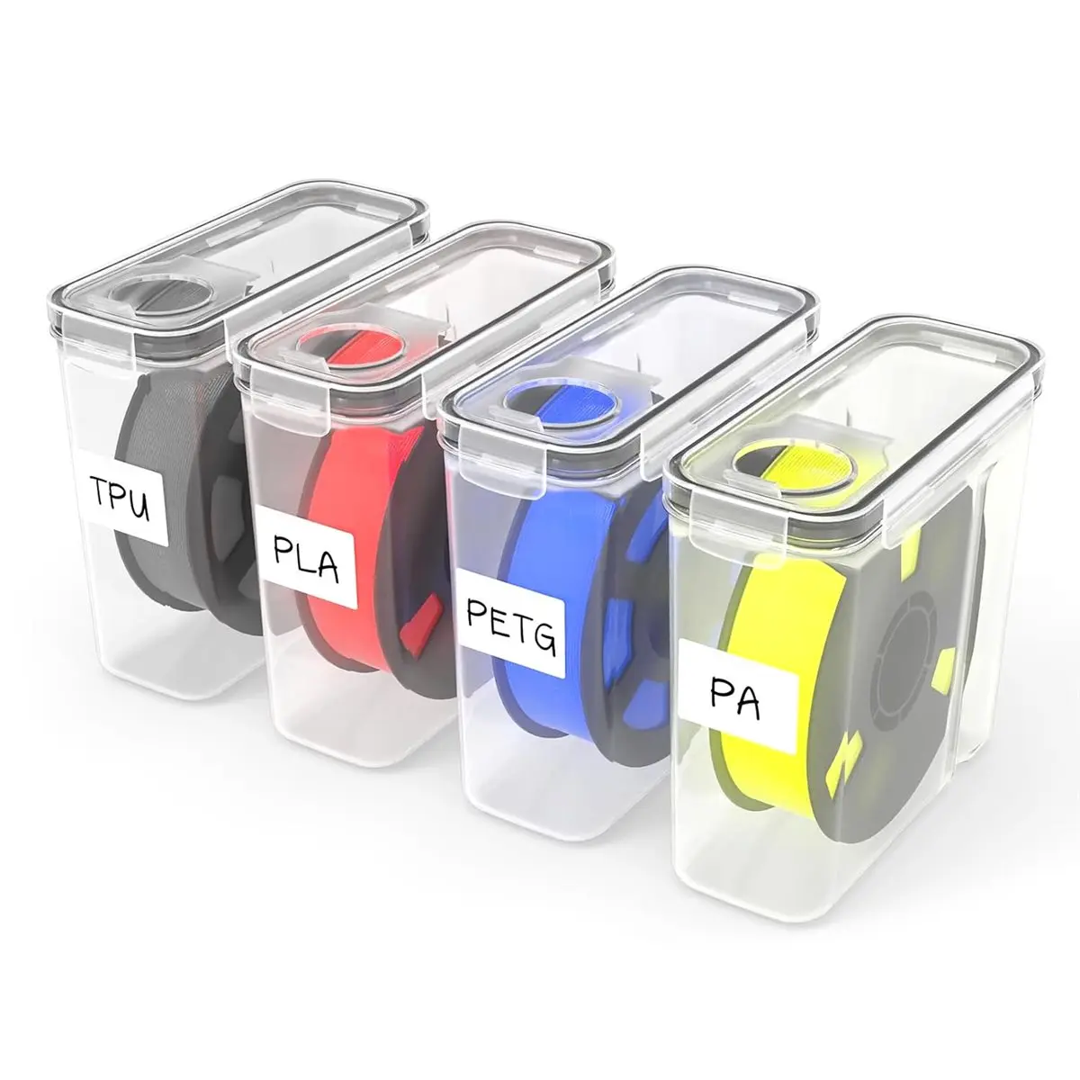 4 Pack Transparent Plastic Moistureproof 3D Printer Filament Storage Box with Reusable Silica Gel Desiccants for 1KG PLA/ABS/PETG Filament Spools, 9x8x3", Ideal for Hobbyists, 3D Printing Projects, Tpu
