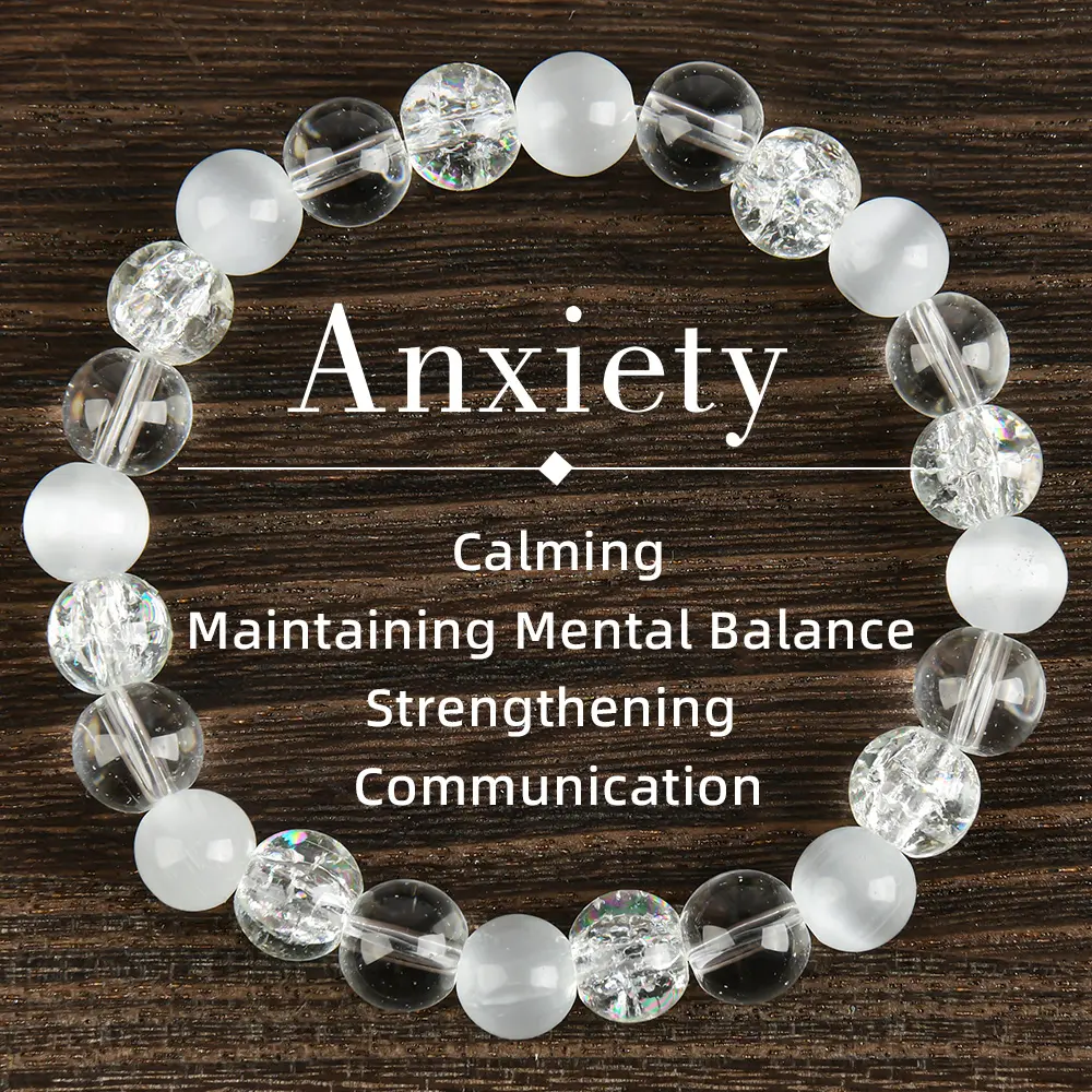 Costume Jewelry Stretch Bracelet with 8mm Elegant Cat-Eye and Crystal Beads on a Comfortable Elastic Band, Stress Relief, Auspicious, Adults