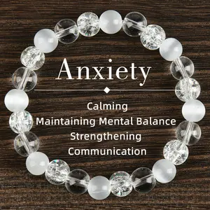 Reduce Stress Relieve Anxiety Handcrafted Auspicious Peace Relief Quartz Bracelet, Containing 8mm Cat-eye And Transparent Stone, Crystal Beads, Imbues Prosperity Energy, Bringing Peace And Luck Jewelry Gifts, Suitable For Men And Women Crystal bracelet