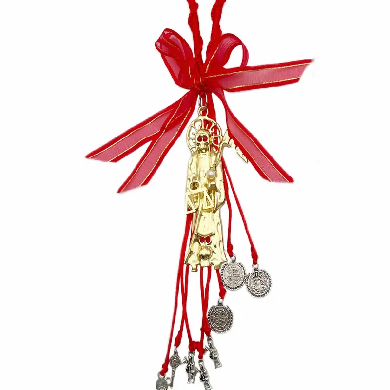 1Pc Golden Holy Death's Pendant, San Benito Medalla Car Hanging Charm Rosary Style Ornaments, Car Hanger Ornament, Catholic Christmas Halloween Jewelry Gift for Men Women, Car Interior Accessory, Car Hanging Decoration