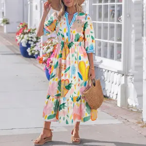 MULLVEIG Women's Chic Multicolour Floral Doodle Print V-Neck Tiered Midi Dress with Striped Trim, Flowy Bohemian Casual Summer Vacation Womenswear