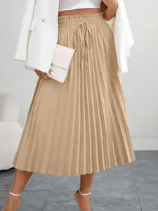 Pleated Midi Skirt, Elastic High Waist Flowy A-Line Half Skirt, Office Daily Versatile Style, Elegant Women's Bottoms