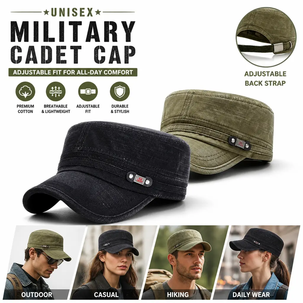 Unisex Vintage Cadet Military Hiking Hat - Washed Cotton, Adjustable Flat-Top Flat Brim, Lightweight Breathable UV Resistant UPF 50+, Buckle Closure (21.6-23.6 in), Outdoor Sun Shield, Men's Accessories - Mid Year Sale Restock