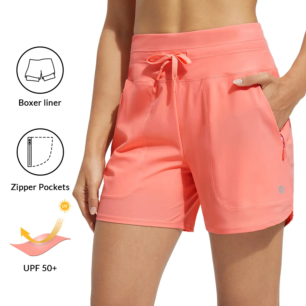 baleaf Women's High Waisted Board Shorts, 5" UPF 50+ Quick Dry Swimsuit Bottoms with Boxer Liner, Tummy Control & Zipper Pockets, Swimsuits, Women's Swimsuits