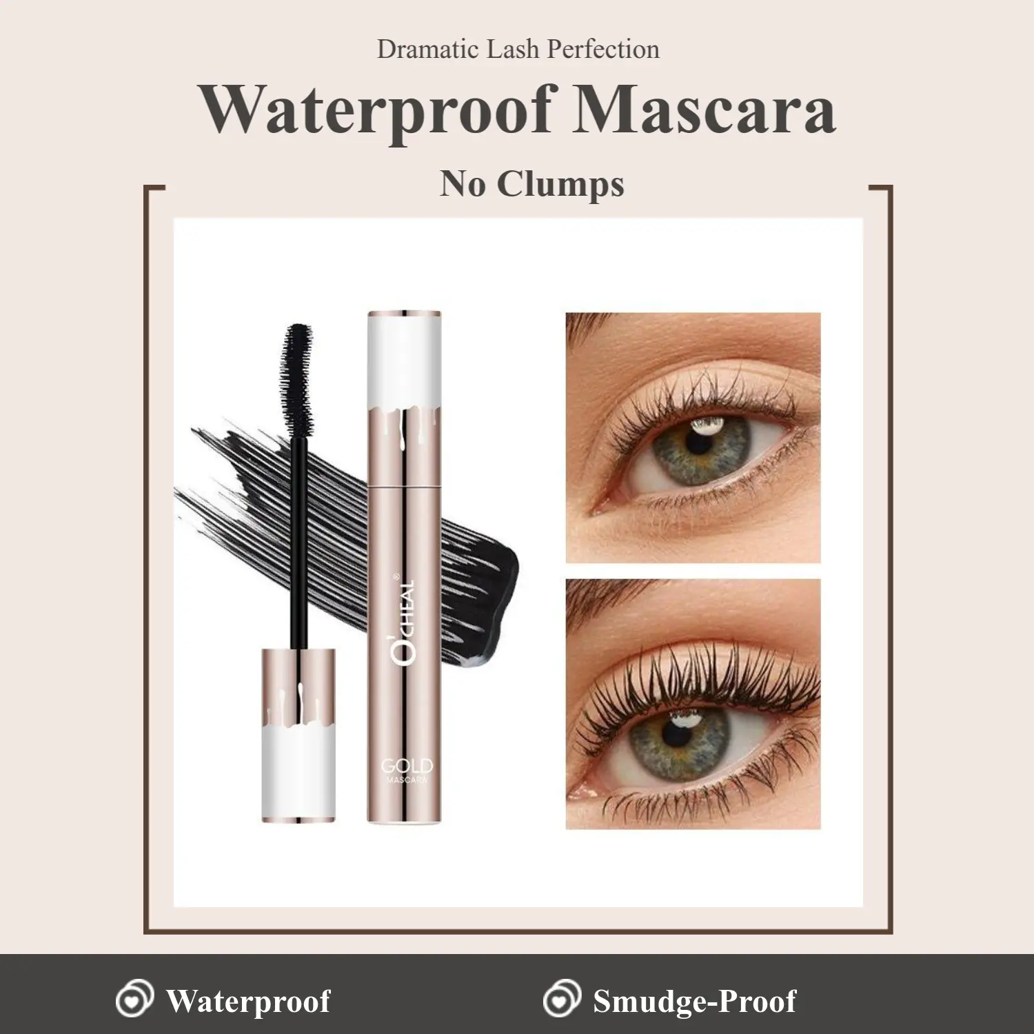 Waterproof Lengthening & Volumizing Mascara - Long-Lasting Curling, Smudge-Proof, No-Clump Formula for Natural Lashes