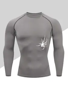 Men's Compression Long Sleeve Shirt, Quick-Dry Breathable Gym Top, Spider Print Tight Fit Sports Wear for Running Tennis Daily Use