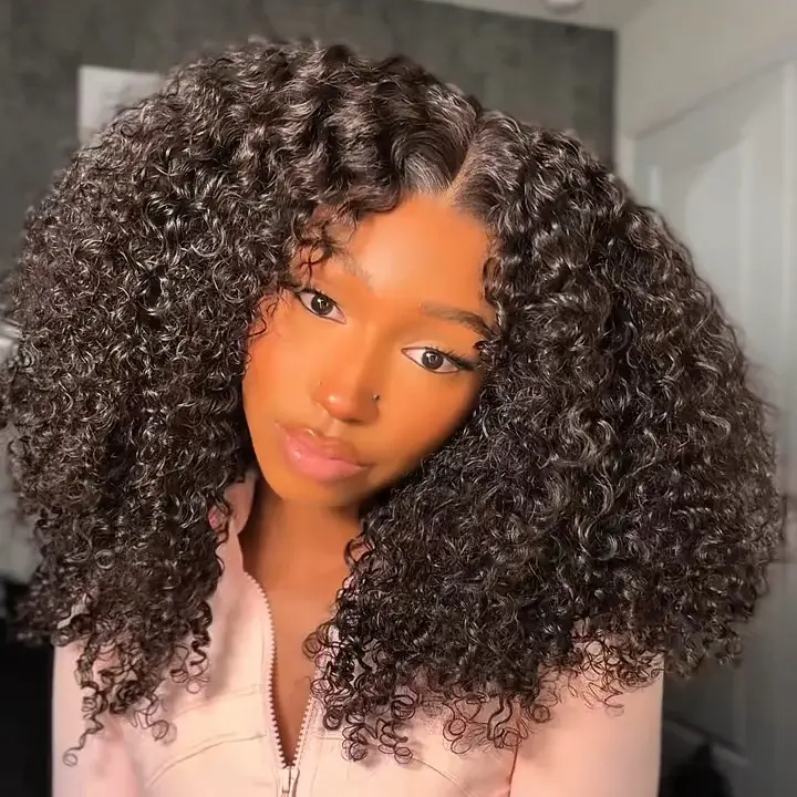 Arabella Upgraded V-Part Wig Invisible Strap Natural Black Afro Kinky/Burmese Curly 100% Human Hair Real Hairline Glueless Wig Scalp Protection with Crochet Hair