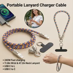 240W Bracelet Lanyard Charger Cable Anti Theft Phone Strap for Type-C to Type-C & Type-C to USB-L whit Wrist & Neck Version Fast Charging Lanyards for IPad case iPhone 17 Pro case Phone gen case anti-drop lanyard Cellphone Smartphone