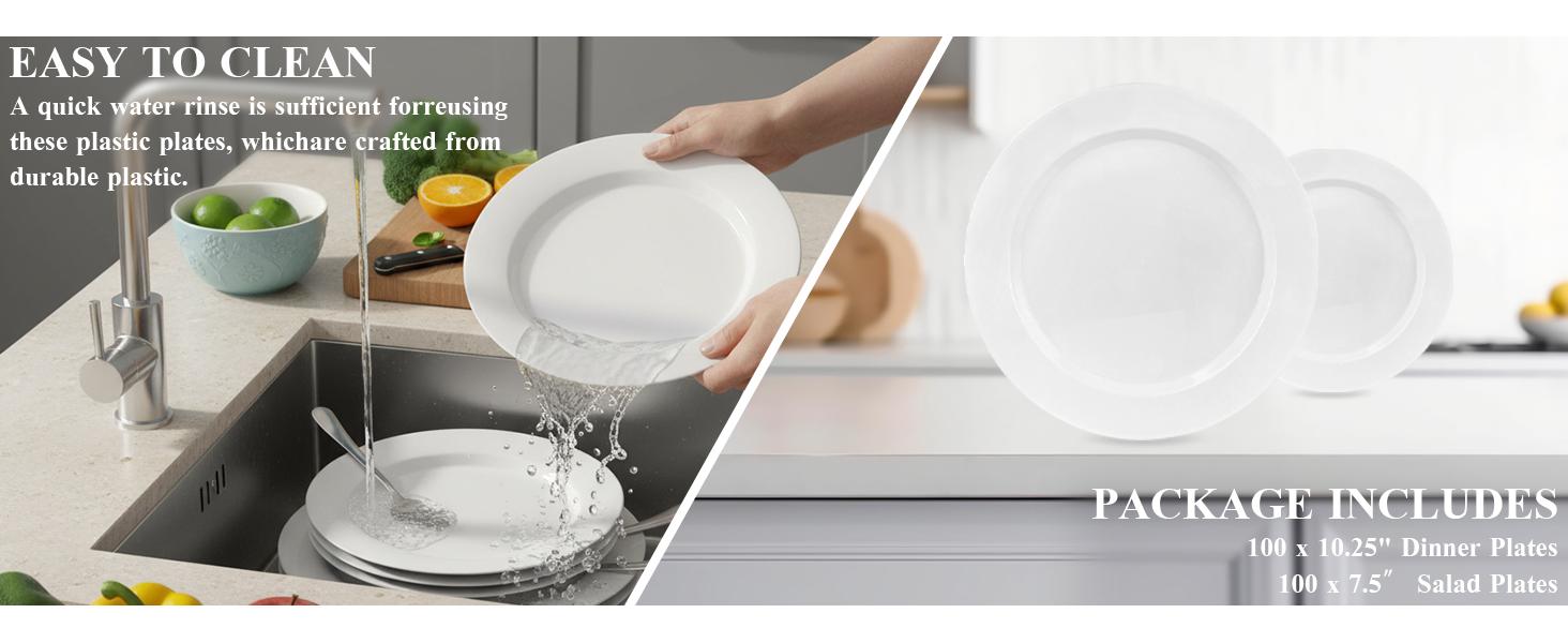 100PCS Black Plastic Plates, Heavy Duty Disposable Black Plates with 50 10.25 inch Dinner Plates and 50 7.5 inch Dessert Plates for Party, Holiday, Wedding