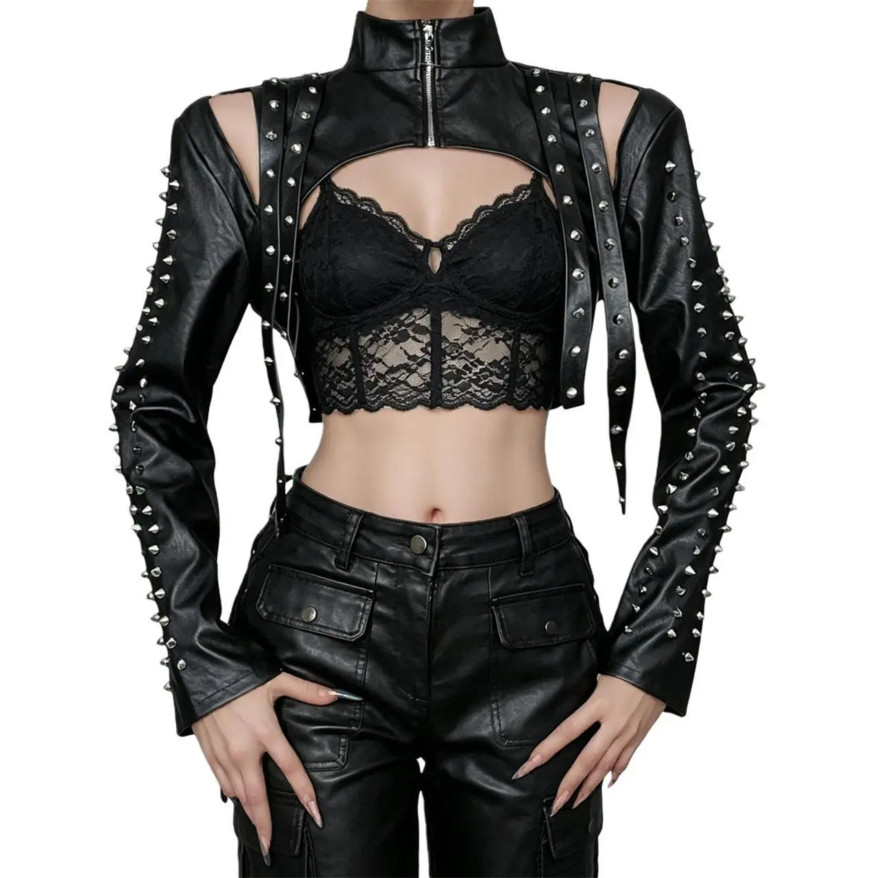 Women's Black Leather Steampunk Short Crop Shrug Cardigan - High Mock Neck, Long Sleeve, Zipper Cutout, Gothic Cyberpunk Biker Alt Clothing for Dressy Occasions, Halloween, Work