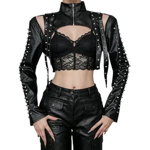 Steampunk Crop Shrug Cardigan for Women - Black Leather High Mock Neck Long Sleeve Zipper Cutout Rave Gothic Bolero Tops for Dressy Formal