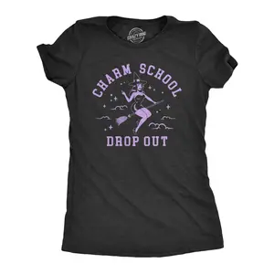 Womens Charm School Drop Out T Shirt Funny Halloween Witch Spell Casting Joke Tee for Ladies Funny Womens T Shirts Cute Vintage Fashion Casual Ladies T-Shirt Gift Halloween Tops for Women Funny Sarcastic Top Black -