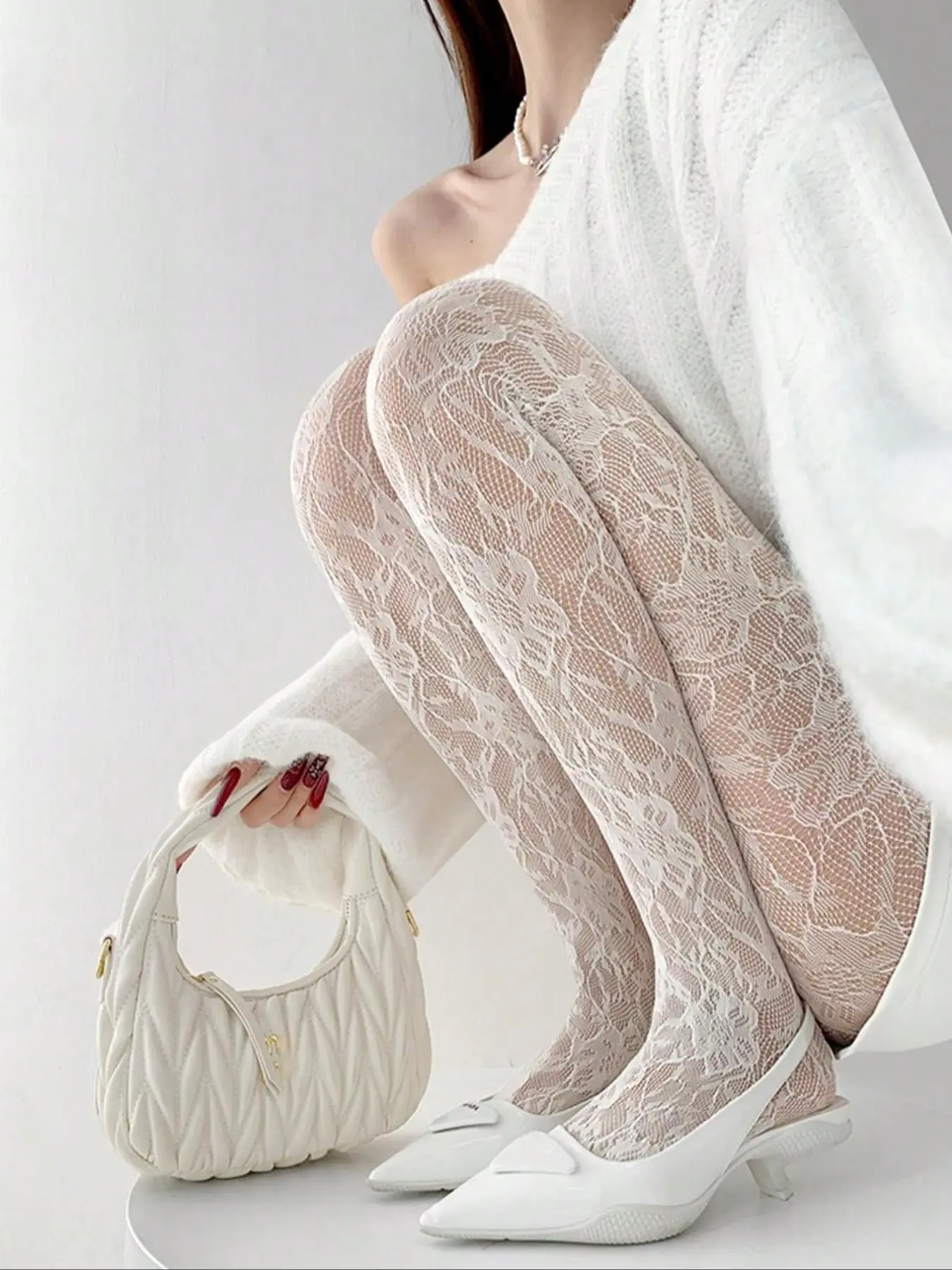 New Vintage French Floral Rose Pattern Fishnet Pantyhose Tights, Openwork Sexy Black/white Fishnet Stockings For Dress, For Christmas Gift