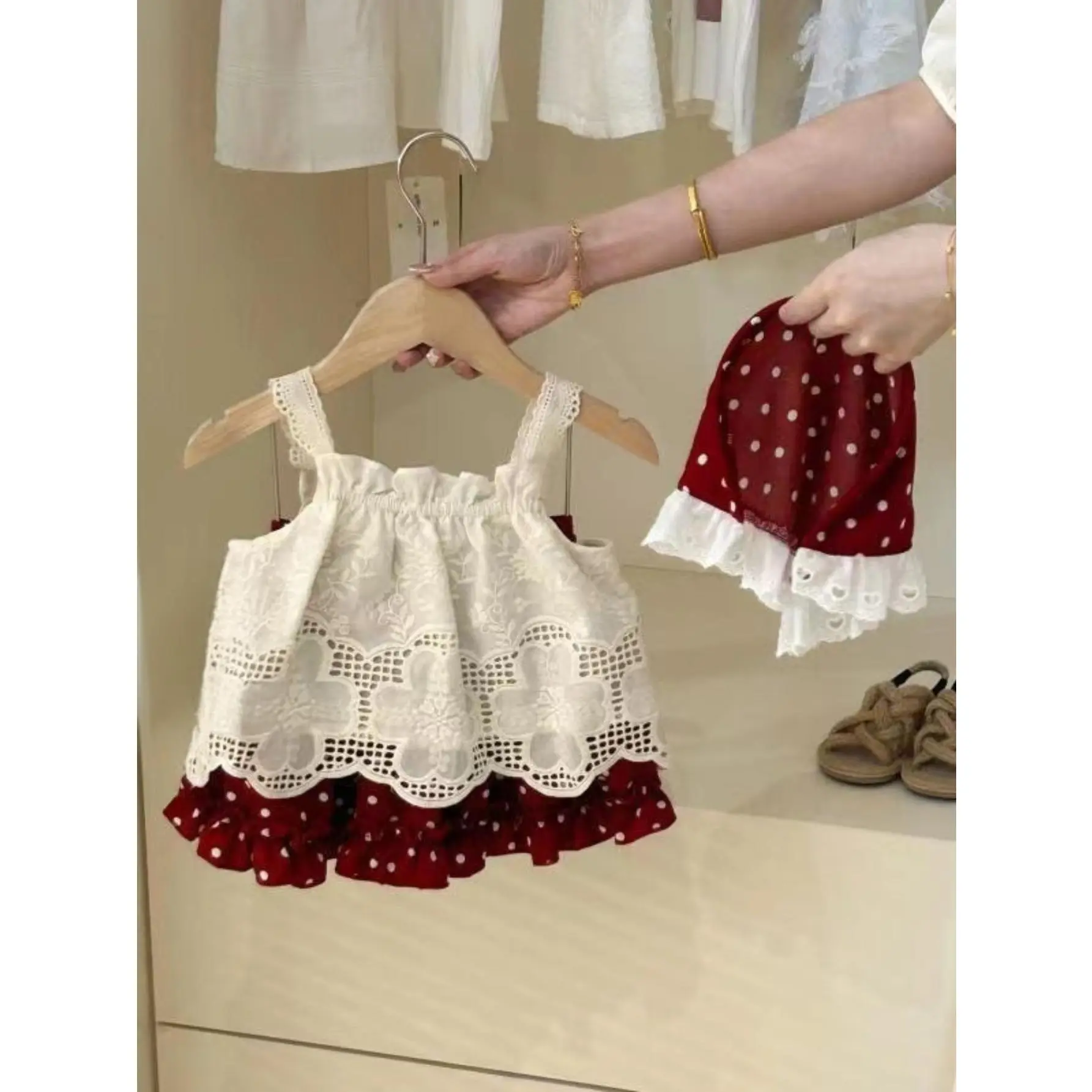 Vacation Set: Lace Strappy Top + Polka Dot Ruffled Skirt with Headband Casual Comfort Two-Piece Set