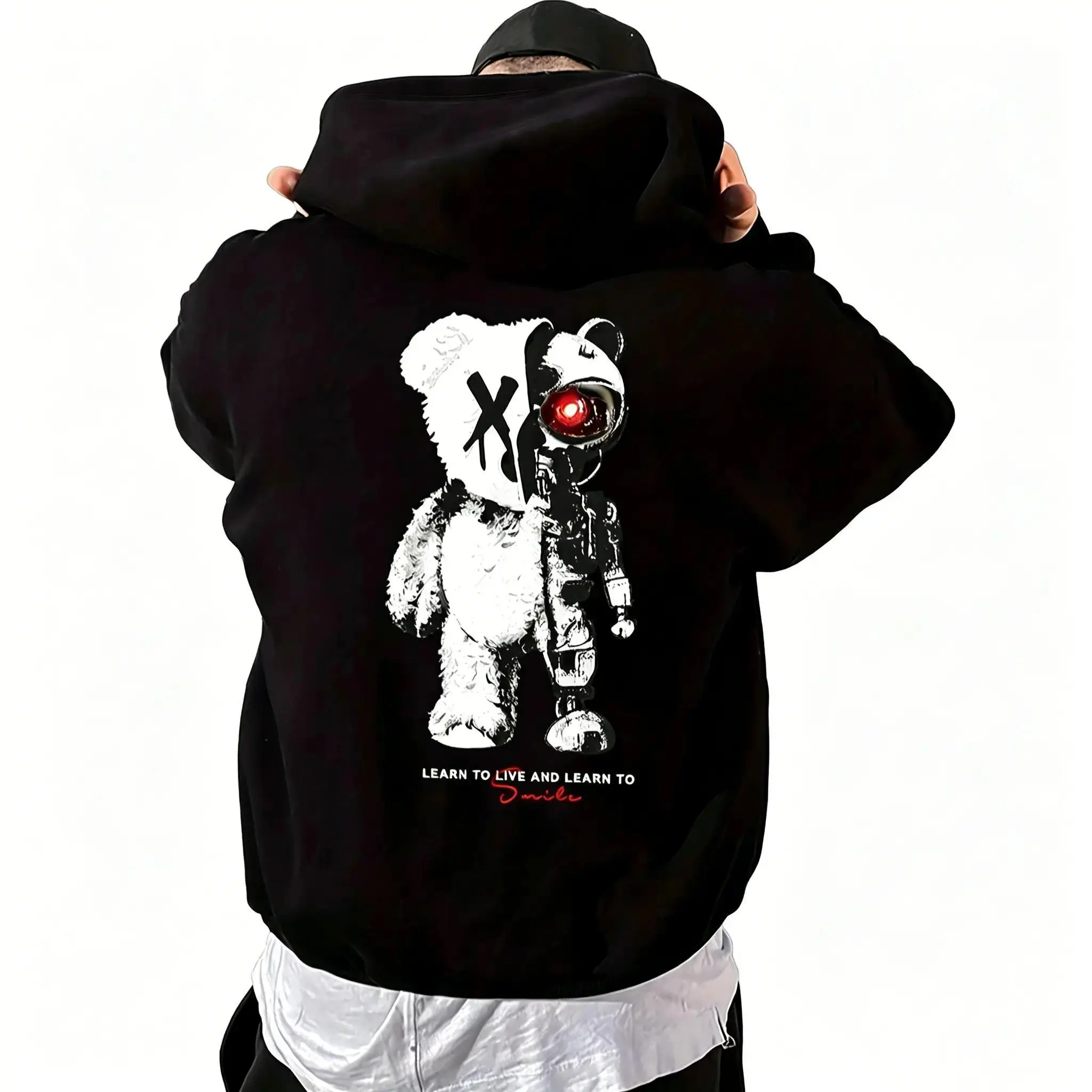 Cyberpunk Bear Graphic Hoodie Alternative Streetwear Hooded Sweatshirt Cartoon Bear Pullover with Kangaroo Pocket Men Long Sleeve Casual OOTD Black Graphic Hoodie Futuristic Street Style Gift for Men,sohochic