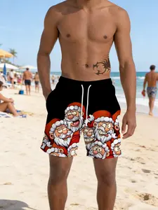 Summer Cartoon Santa Claus Printed Beach Pants Swimsuit, Casual Fitted All over Print, Women's Fashion Swimwear, Swim Shorts
