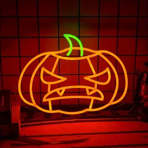 PAngry Pumpkin Jack O' Lantern Neon Sign, USB Powered Dimmable Orange Green LED Neon Light, Halloween Pumpkin Wall Decor for Party Bar Home Decor, Spooky Halloween Gift for Kids Adults