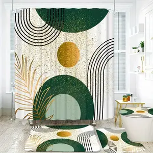 1/4 pcs Abstract green arch and gradient gold leaf pattern shower curtain set, festive design, non-slip floor mat, U-shaped carpet, toilet lid cover, perfect for bathroom decoration, partition, beautify space,  Bathroom Decoration Accessories
