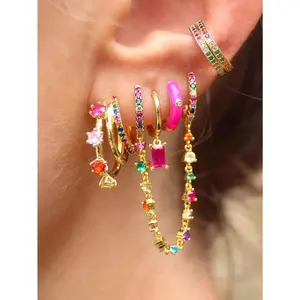 6 Pcs 24K Gold Plated Cubic Zirconia Dangle Earrings For Women Colorful Zirconia Hoop Earrings Set Fashion Jewelry