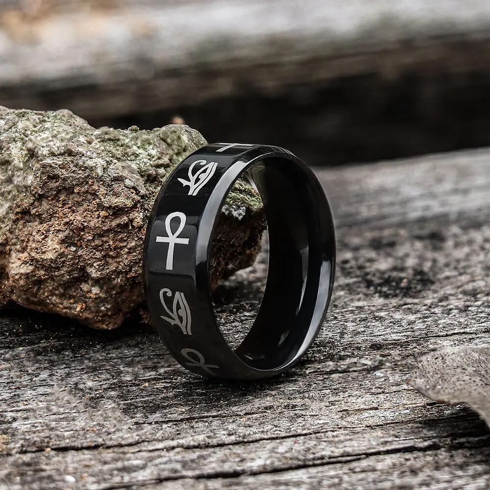 GTHIC Black Eye of Ra Ankh Egyptian Symbols Stainless Steel Band Ring for Men Women Daily Wear Birthday Gifts