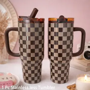 1PC 40oz Aesthetic Checkerboard Stainless Steel Tumbler Drinkware With Handle & Straw, Insulated Iced Coffee Travel Cup, Large Capacity Mug For Car, Gym, Office, Cute Gift For Friends, Flasks