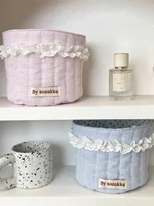 Cute Quilted Makeup Storage Basket, Scalloped Baskets Multifunctional Large Capacity Storage Basket, Desktop Storage Organizer for Home Office