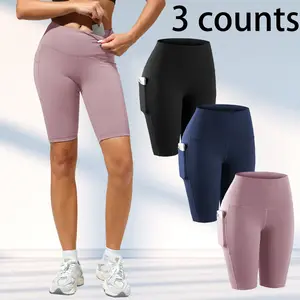 Women's Three-Piece Set High-Waist Breathable Sports Cycling Shorts with Pockets, Stretchy, Suitable for Gym, Running, Riding, and Casual Wear