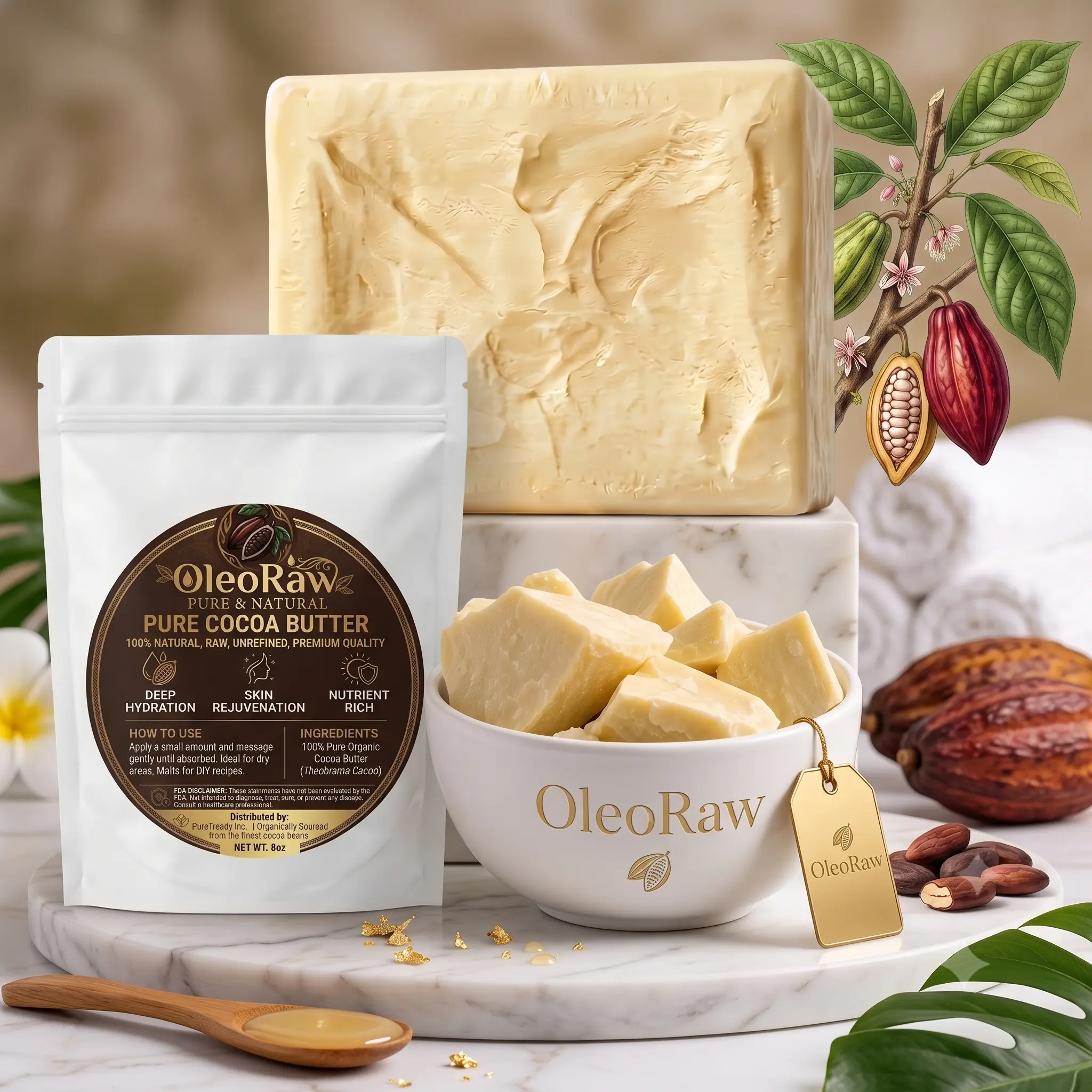 100% Pure Raw Unrefined Cocoa Butter Chunks - Natural Hydrator & Stretch Mark Prevention for DIY Body Butters - Vegan, Plant-Based & Fragrance Free
