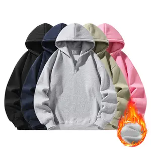 Men's Plain Longsleeve Polyester Knit Half-Zip Pullover Hoodie Top - Gray, Black, Blue, High-Quality Warm Zip-Front Sleeve Men's Hoodies, Casual Sports Outerwear for Autumn, Winter Daily Running, Long Sleeves