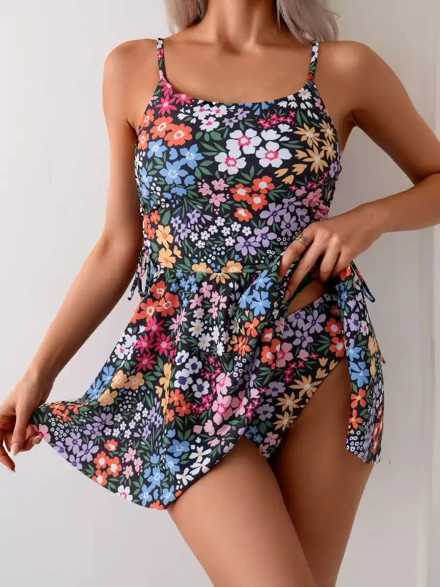 Women's Summer Floral Print Swimdress - Stylish Swimwear, Adjustable Thin Straps, Side Ties for Waist Slimming, Flattering for All Body Types, Ideal for Beach Vacations, Pool Parties - SummerVibes Women's Swimsuits