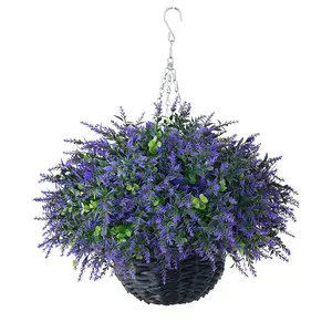 Artificial Eucalyptus & Lavender Hanging Basket (1/2Pieces) - Fake Hanging Plants Set, Outdoor Faux Greenery, Outdoor Faux Eucalyptus Leaves for Farmhouse Eaves Porch Decor, Artificial Flowers | All Season