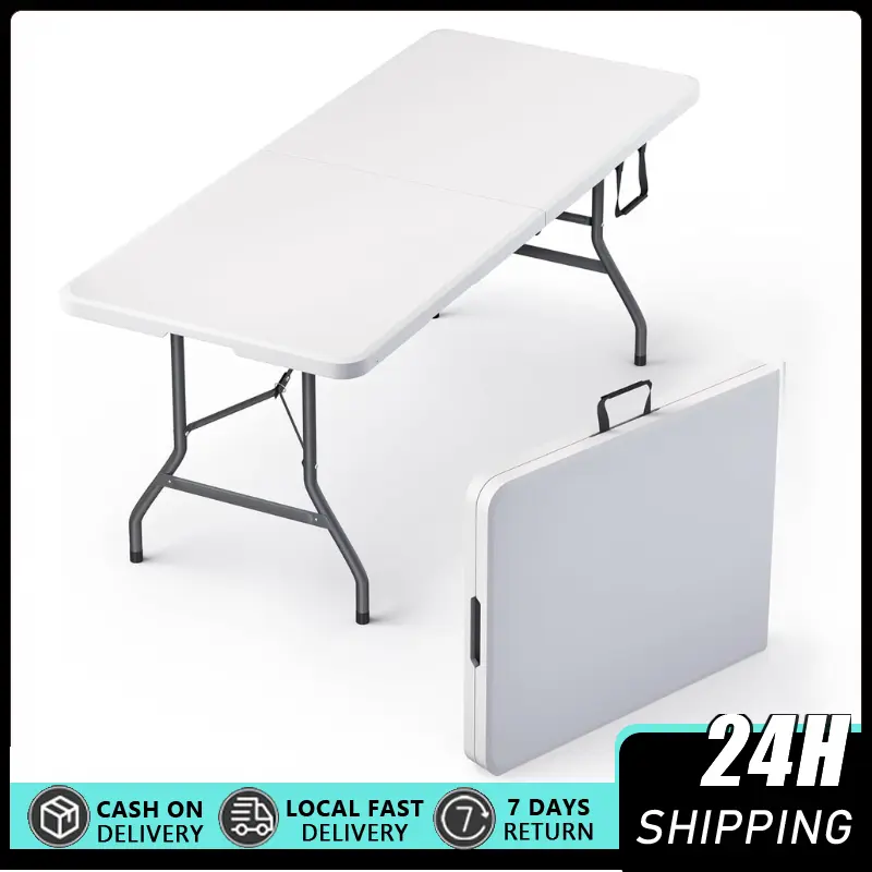 6FT Rectangular Portable Folding Steel Frame Patio Dining Table - Extra Durable Heavy-Duty Indoor Outdoor Furniture with Steel Legs, Built-In Handle for Party, Camping Use, Patio Tables