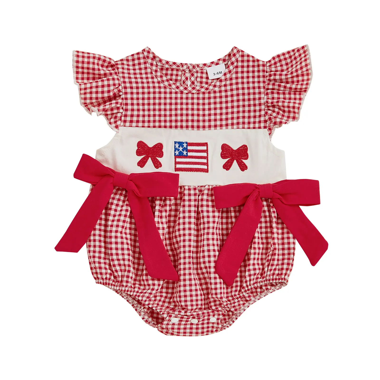 Baby Girls' Independence Day Bodysuits, Flag & Letter Embroidery Plaid Fly-Sleeve Summer Rompers Jumpsuits