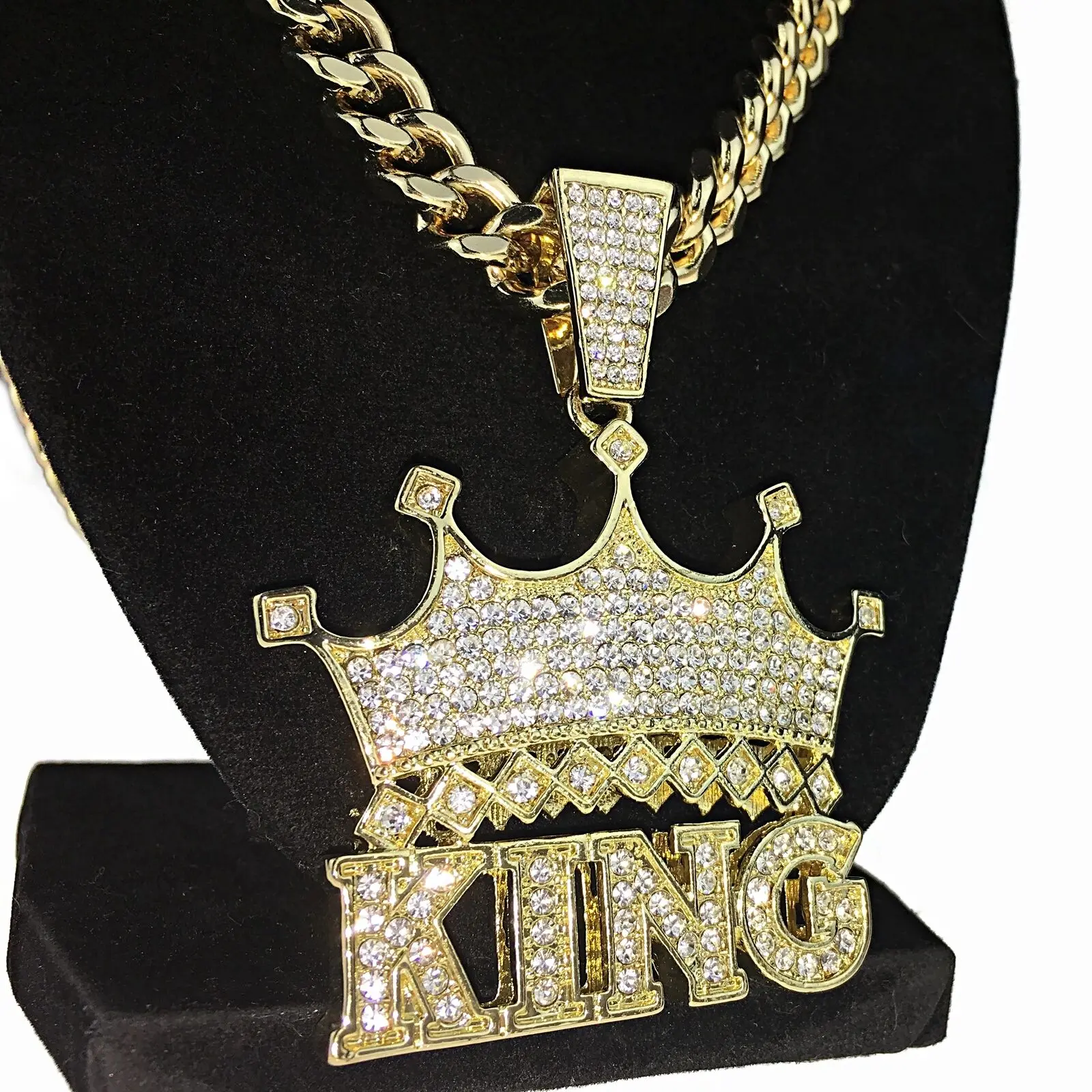 MaxBling81 Unisex Gold-Plated King Crown Heavy Pendant Necklace with Polished Cubic Zirconia, Multi-Size 10mm Cuban Link Chain (18in,20in,24in,30in) - Hip Hop Costume Jewelry for Daily Wear, Cuban Necklaces, Link Chain Necklaces