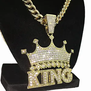 MaxBling81 Unisex Gold-Plated King Crown Heavy Pendant Necklace with Polished Cubic Zirconia, Multi-Size 10mm Cuban Link Chain (18in,20in,24in,30in) - Hip Hop Costume Jewelry for Daily Wear, Cuban Necklaces, Link Chain Necklaces