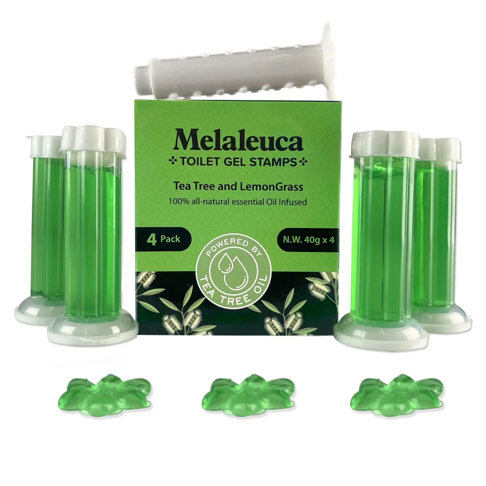 Melaleuca Gel - 100% Tea Tree Oil Toilet Gel Stamps - Includes 1 Pusher & 4 Refills