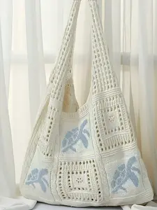 Women's Summer Beach Tote Bag, Crochet Design with Turtle Pattern, Large Capacity, Polyester, Bohemian Style, Travel Accessory, Boho Style, Summer Bags