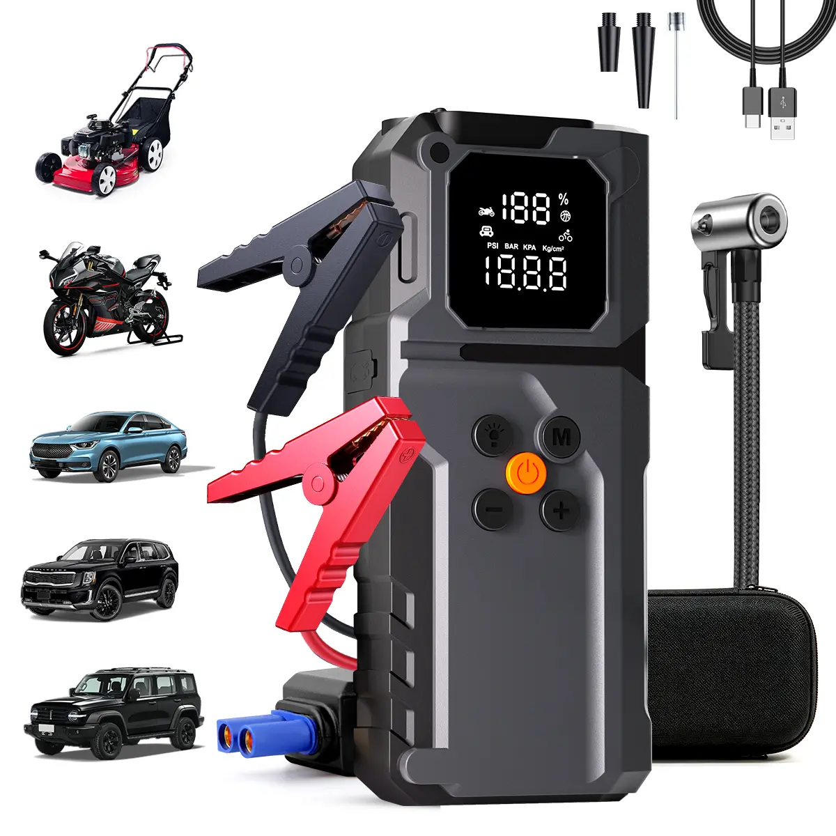 16800mAh Car Jump Starter with Air Compressor, 6000A Peak Current, 150 PSI Portable Tire Inflator, 4X Faster Inflation, LED Light, Emergency Starter for Cars, Trucks & Motorcycles
