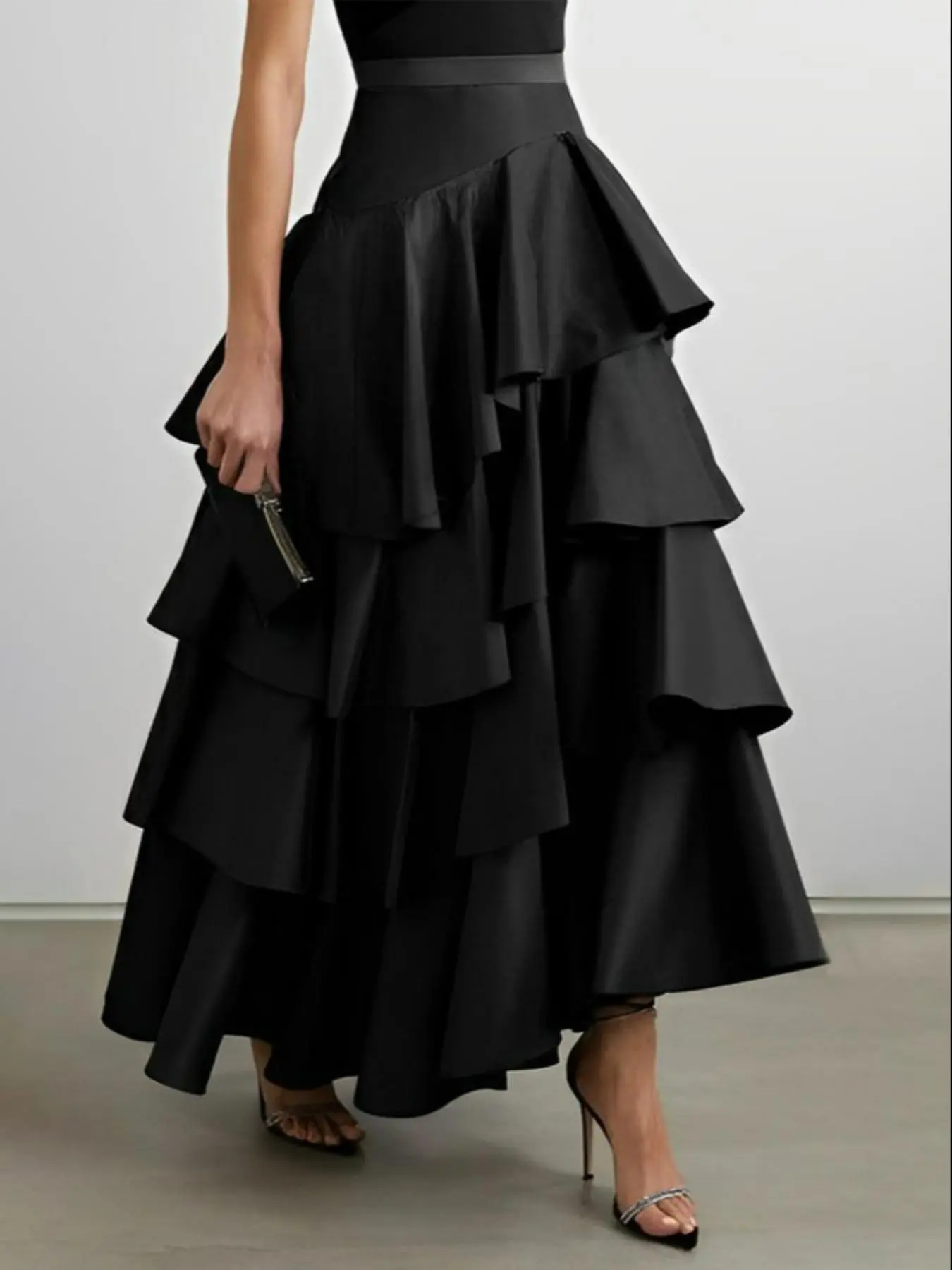 Women's Solid Ruffle Hem Tiered Layer A Line Skirt, Elegant Fashion Casual Long Skirt for Daily Outdoor Wear, Ladies Bottoms for All Seasons, Fashionable, Boho Skirts