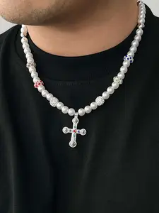 1pc Luxury Vintage Multicolor Faux Pearls Elegant Beaded Necklace with Artificial Crystal Cross Pendant, Men'S Glamorous Charm Jewelry, Pearl Chain Necklace