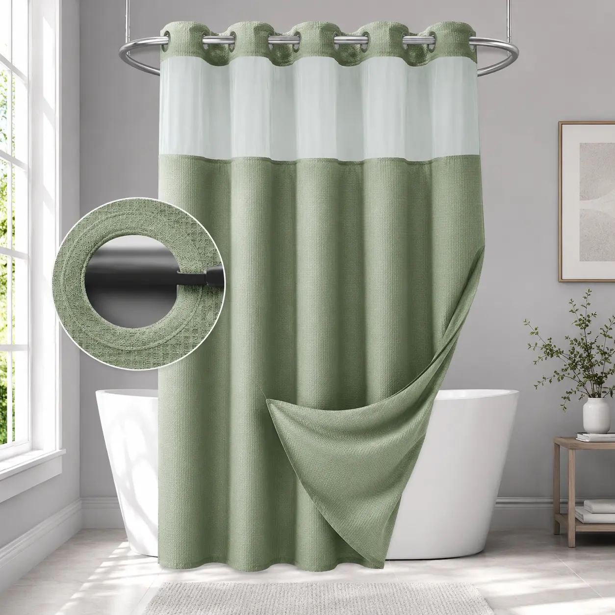 Premium Hookless Waffle Weave Shower Curtain Set - 72x75 in Waterproof Double Layer with Snap-in Liner, Mesh Top Window, Adjustable Straight Design, Non-Slip, Water Draining Bathroom Home Supplies, Shower Curtains