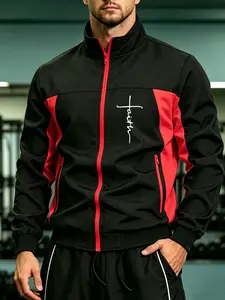 Men's Cross Print Colorblock Stand Collar Jacket, Fall Winter Zipper Pockets Outdoor Sport Wind-Resistant Coat, Casual Fitness Training Top, Sport Outerwear