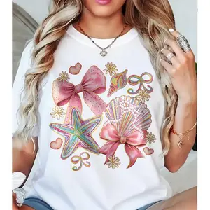 Seashell Starfish Bow Graphic Tee, Cute Coastal Style Casual Top