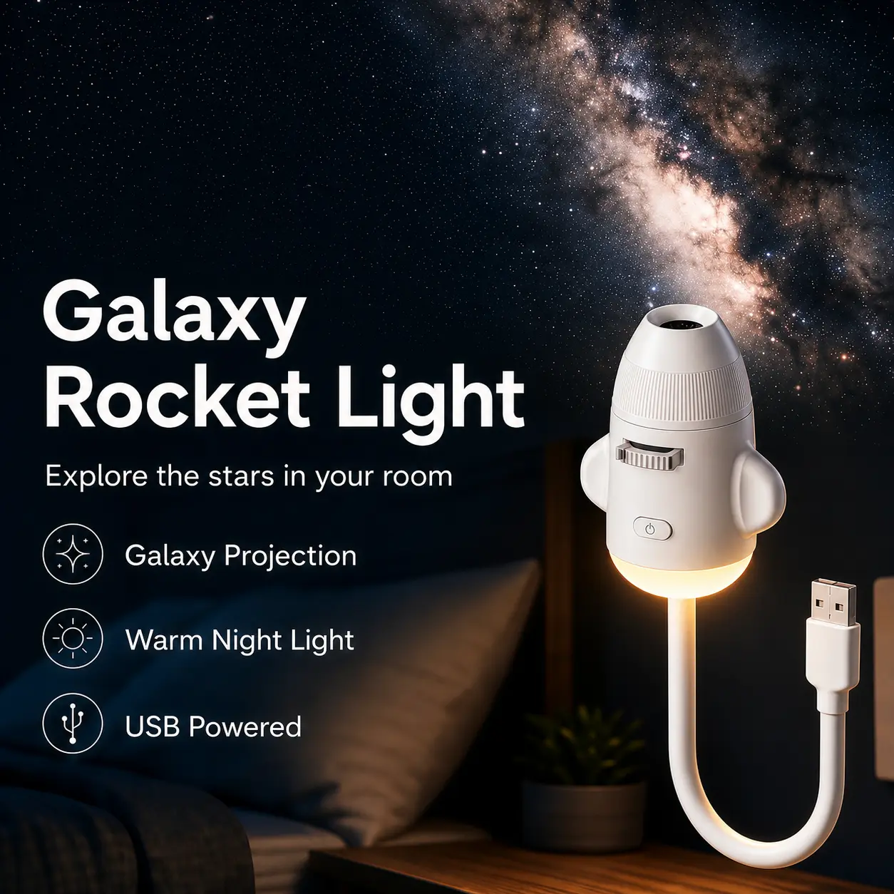 Galaxy Star Rocket Projector Night Light Set - ABS Plastic Starry Sky Night Lighting, 6 Easy-Swap Scene Slides, Flexible Gooseneck, Warm Dimmable Modes, USB Plug & Play, Bedroom Decor, Kids' Holiday Gift, Cool Gadgets, Sensory Room Supplies