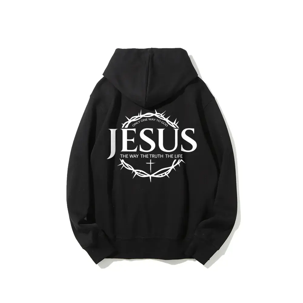 Men's Casual Faith Theme Graphic Hoodie Jesus Quote Crown of Thorns & Cross Print Oversized Pullover Sweatshirt