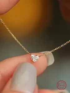 925 Sterling Silver Heart Shaped Artificial Zircon Decorative Pendant Necklace, Summer Elegant Rhinestone Pendant Necklace for Party, Daily Clothing Decor for Girl, Daily Wear Necklace