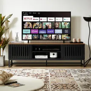 63 Inch Modern TV Stand with Slatted Grille Striped Doors, Mid Century TV Stand with Storage, Entertainment Center for Living Room Bedroom, TV Media Console
