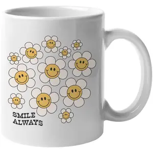 Smile Always with 90s Retro Flower with Smile Art Merch Gift, White 11oz Ceramic Mug