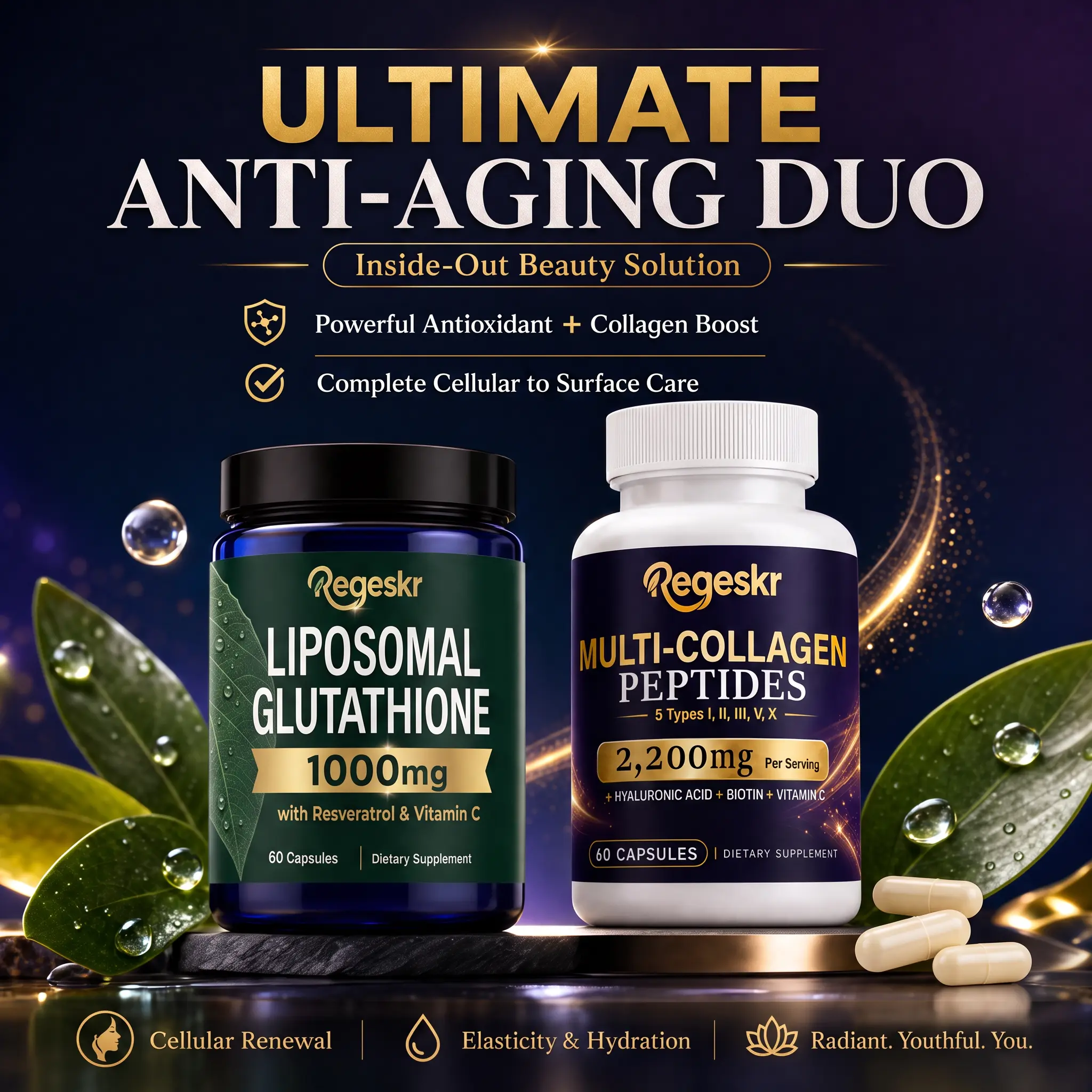 Regeskr Daily Beauty & Wellness Bundle – Liposomal Glutathione + 5-Type Multi Collagen Peptides with Hyaluronic Acid, Biotin & Vitamin C, 2 Bottles