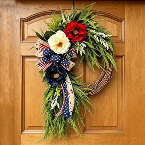 Patriotic American Independence Day Wreath, Star-Spangled Bow, Blue Artificial Flowers, Home Decor for Veterans Day